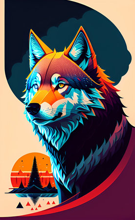 Vector illustration of a wolf head on a background of the setting sun.の写真素材