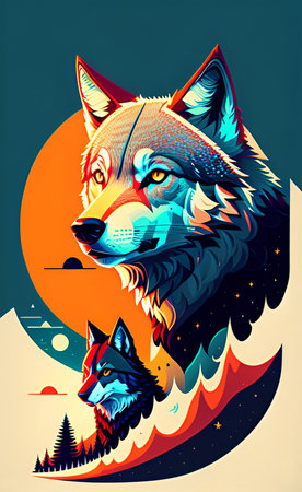 Vector illustration of a wolf on the background of the moon and stars.の写真素材