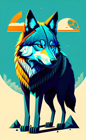 Vector illustration of a wolf on the background of the night city.の写真素材