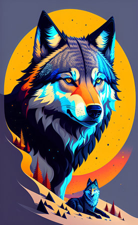 Wolf with cat on the background of the moon. Vector illustration.の写真素材