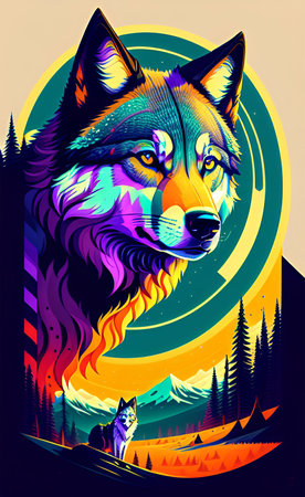 Vector illustration of a wolf in the forest with a full moon.の写真素材