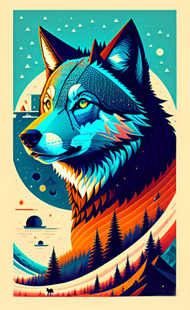 A colorful illustration of wolf as a posterの写真素材