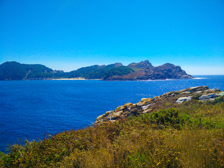View of cliffs of Cies Islands, a natural paradise in Galicia, Spain. Tyipical holiday destinationの写真素材