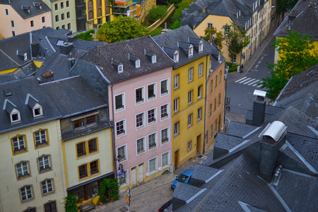 Typical colorful houses with the street and pavement at the old town of Luxembourg, Europeの写真素材