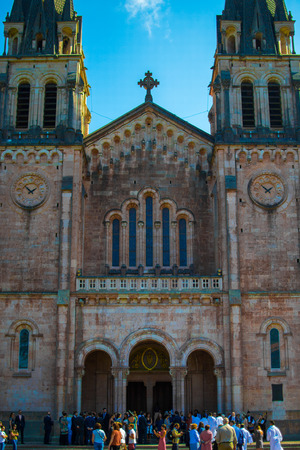Facade of the Basilica de Santa Maria la Real de Covadonga (or Basilica of Covadonga) in Cangas de Onis, Asturias, Spainのeditorial素材