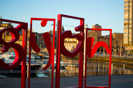 Famous monument called "Letronas" in the port of Cimadevilla, the old town of Gijon, Asturias, Spainのeditorial素材