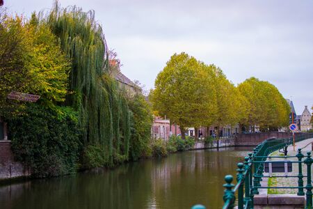 Lys river (Leie) with green trees reflected in the water in Ghent, Belgium