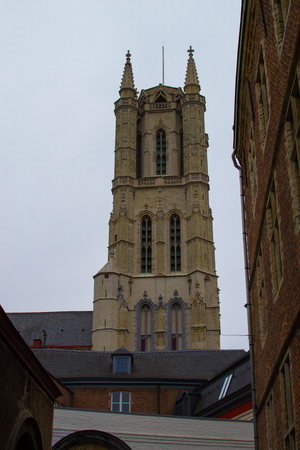 Tower of Saint Bavo Cathedral (or Sint-Baafs Cathedral) in Ghent, Belgiumのeditorial素材