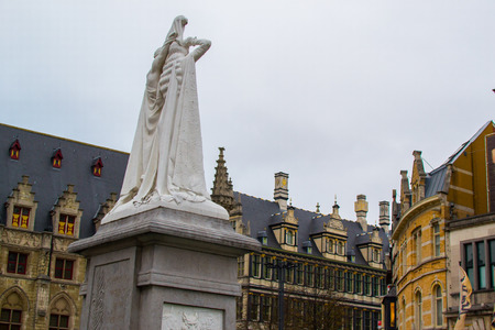 Statue of Jan Frans Willems in Sint-Baafsplein square in Ghent, Belgium, Europeのeditorial素材