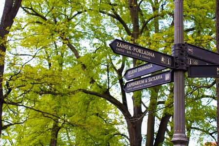 Signpost with arrows in a park showing some different ways to reach landmarks in Cesky Krumlov, Czech Republicの写真素材