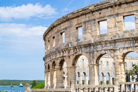 Walls of the Pula Arena, the only remaining Roman amphitheatre entirely preserved, in Pula, Croatia