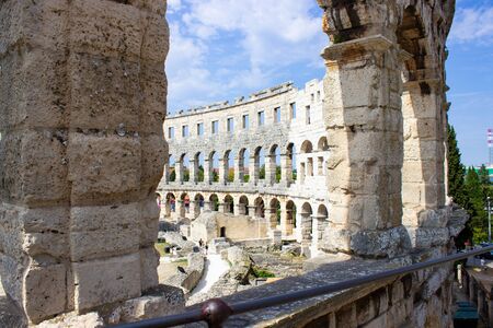 Walls and interior of the Pula Arena, the only remaining Roman amphitheatre entirely preserved, in Pula, Croatiaの写真素材