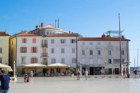 Piran, Slovenia; 7/19/19: Buildings and Hotel Giuseppe Tartini in Tartini Square, in the old town of Piran, in Sloveniaのeditorial素材