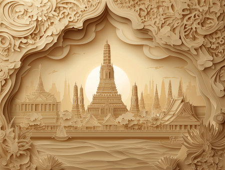 Elegant Paper Art of Bangkok Temple Architecture at Sunset â Thai Traditional Craft in Layered Beige Tonesの素材