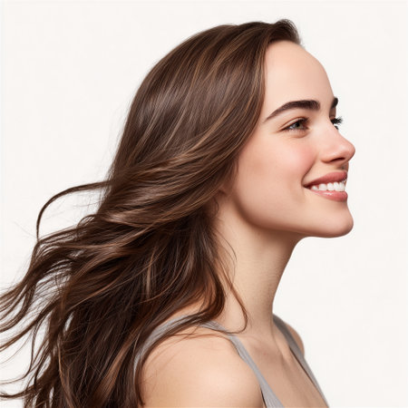 Natural beauty woman with smooth brown hair in clean studio, representing botanical haircare brand, ai genarate, png transparent, dicutの素材