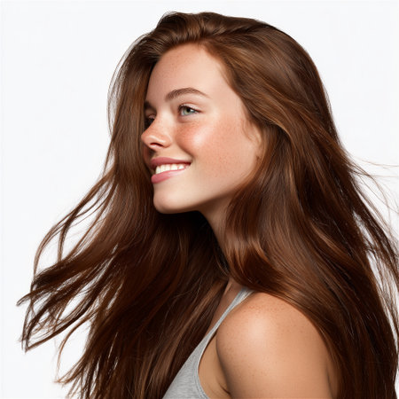 Natural beauty woman with smooth brown hair in clean studio, representing botanical haircare brand, ai genarate, png transparent, dicutの素材