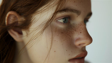 Close-up portrait of a girl with freckles on her faceの素材