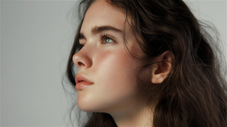 An artistic close-up side portrait of a young woman with natural skin texture and soft lighting. Her expression is calm and introspectiveの素材