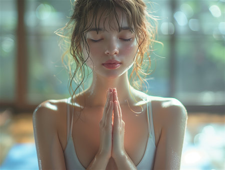 A serene young woman practices yoga meditation in a minimalist white studio. She sits cross-legged on a mat with closed eyes, wearing light gray sportswear.の素材
