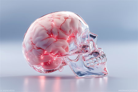 A hyper-realistic 3D artwork of a human brain encased within a clear, glossy glass shell. The delicate red neural veins flow through the transparent structure,の素材