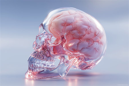 A hyper-realistic 3D artwork of a human brain encased within a clear, glossy glass shell. The delicate red neural veins flow through the transparent structure,の素材
