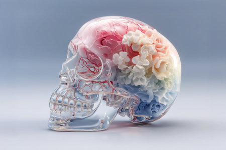 An imaginative digital artwork portraying a glass skull encasing a radiant floral brain. Soft petals and branching veins intertwine in hues of coral, cream, and sky blueの素材