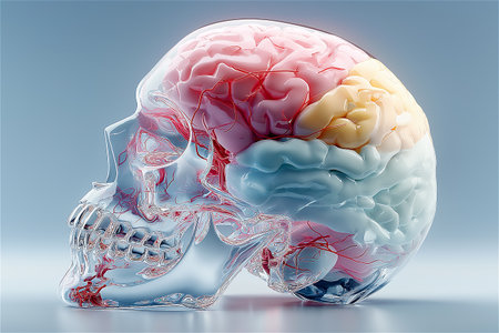 A detailed digital illustration depicting a transparent glass skull housing a glowing brain in shades of pink, yellow, and blue. The veins shimmer beneath the glass,の素材