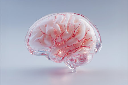 A hyper-realistic 3D artwork of a human brain encased within a clear, glossy glass shell. The delicate red neural veins flow through the transparent structure,の素材