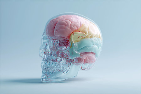 A hyper-realistic 3D rendering of a human skull made entirely of clear glass, containing a vibrant, multicolored brain with visible neural veins.の素材