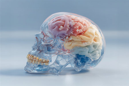 An imaginative digital artwork portraying a glass skull encasing a radiant floral brain. Soft petals and branching veins intertwine in hues of coral, cream, and sky blue.の素材