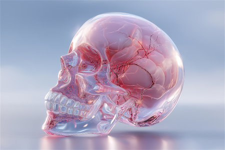 A hyper-realistic 3D rendering of a human skull made entirely of clear glass, containing a vibrant, multicolored brain with visible neural veins.の素材