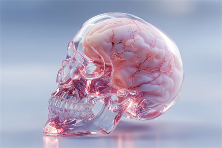 A hyper-realistic 3D rendering of a human skull made entirely of clear glass, containing a vibrant, multicolored brain with visible neural veins.の素材