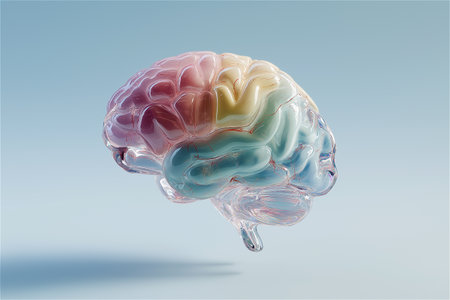 A stunning digital representation of a human brain designed in full-color glossy ceramic. Each lobe is uniquely tinted in natural pastel tones, revealing exquisite detailの素材