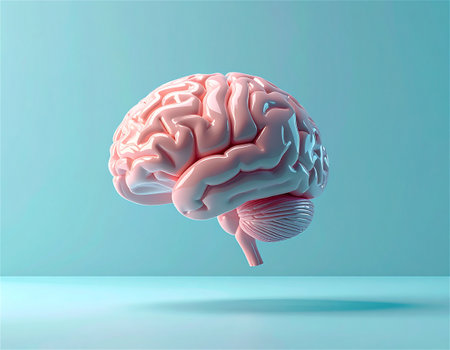 A stunning digital representation of a human brain designed in pink-color glossy ceramic. Each lobe is uniquely tinted in natural pastel tones, revealing exquisite detailの素材