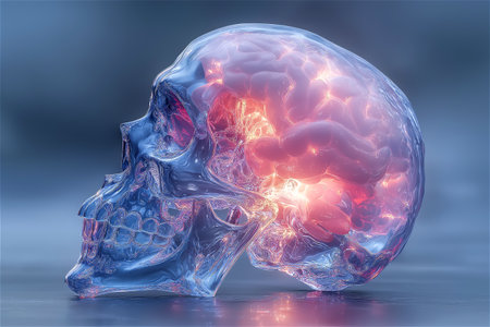 A hyper-realistic 3D artwork of a human brain encased within a clear, glossy glass skull. The delicate red neural veins flow through the transparent structureの素材