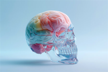 A hyper-realistic 3D rendering of a human skull made entirely of clear glass, containing a vibrant, multicolored brain with visible neural veins.の素材