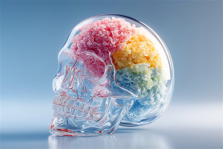 Human skull and brain with colorful flowers inside. 3D illustration.の素材