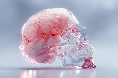 A hyper-realistic 3D artwork of a human brain encased within a clear, glossy glass skull. The delicate red neural veins flow through the transparent structureの素材