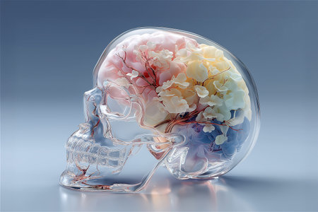 A transparent glass skull filled with delicate blooming flowers symbolizing the beauty of thought and creativity.の素材