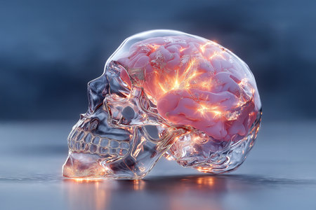 A hyper-realistic 3D artwork of a human brain encased within a clear, glossy glass skull. The delicate red neural veins flow through the transparent structure,の素材