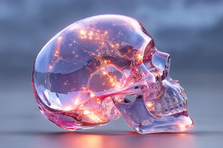 A hyper-realistic 3D artwork of a human brain encased within a clear, glossy glass skull. The delicate red neural veins flow through the transparent structure,の素材
