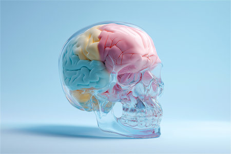 A hyper-realistic 3D rendering of a human skull made entirely of clear glass, containing a vibrant, multicolored brain with visible neural veins.の素材
