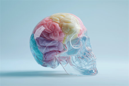 A hyper-realistic 3D rendering of a human skull made entirely of clear glass, containing a vibrant, multicolored brain with visible neural veins.の素材