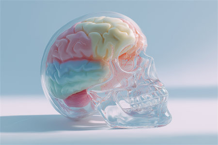 A hyper-realistic 3D rendering of a human skull made entirely of clear glass, containing a vibrant, multicolored brain with visible neural veins.の素材