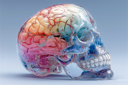 Human skull with brain, 3d illustration, horizontal, over blueの素材