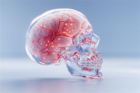 Human brain and skull with glowing light inside. 3D illustration.の素材