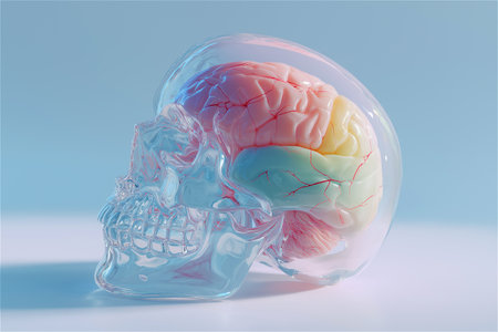 Human skull with teeth in a glass ball. 3d illustration.の素材