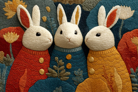 Handcrafted embroidery artwork featuring a white rabbit with vibrant patterns and floral accents. The intricate stitching and warm tones express gentle charm and artisticの素材