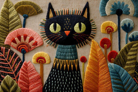 A charming embroidered cat artwork made with colorful threads and intricate floral motifs. The handcrafted design captures the warmth of folk traditions and fine needlework artの素材