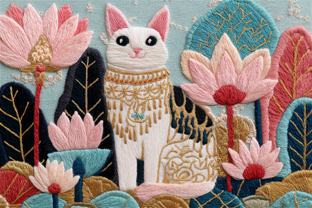 Beautifully detailed folk embroidery showing a cat surrounded by stylized plants and flowers, crafted with rich colors and textures that highlight of traditional textile art.の素材
